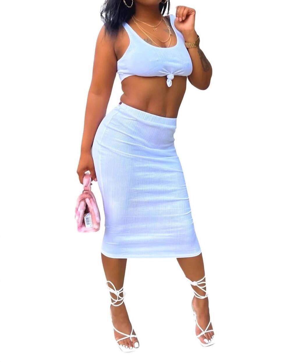NEW LECLA well said matching stretchy crop midi skirt set in white
